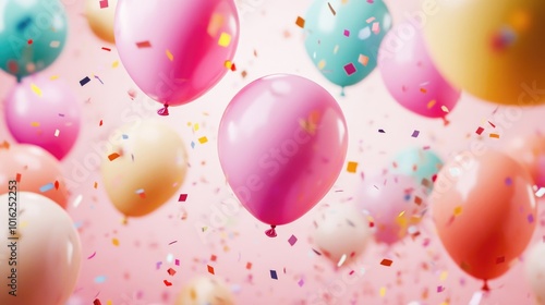 Colorful inflatable balloons with metallic confetti on a pink background. Background for a greeting card in flat-light style, birthday or party