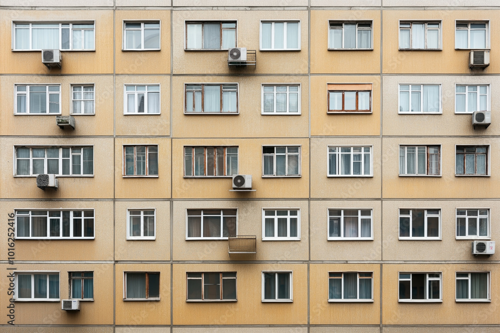 Facade of an apartment building with multiple rows of identical windows and air conditioning units installed on some of the balconies.