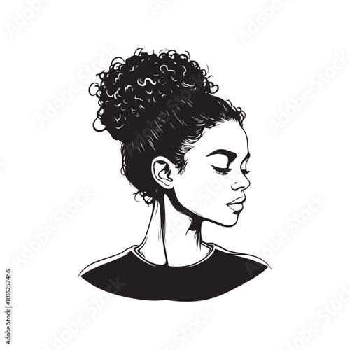 Hand-drawn girl with messy hairstyle - hair bun. Mom lifestyle clip art for prints