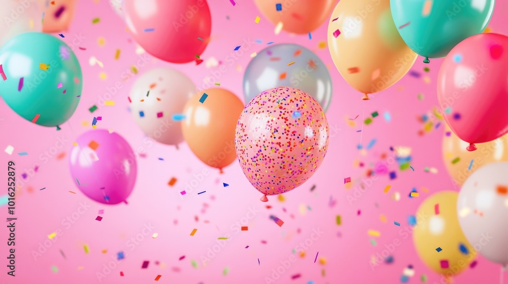 Colorful inflatable balloons with metallic confetti on a pink background. Background for a greeting card in flat-light style, birthday or party Colorful inflatable balloons with metallic confetti on a pink background. Background for a greeting card in flat-light style, birthday or party