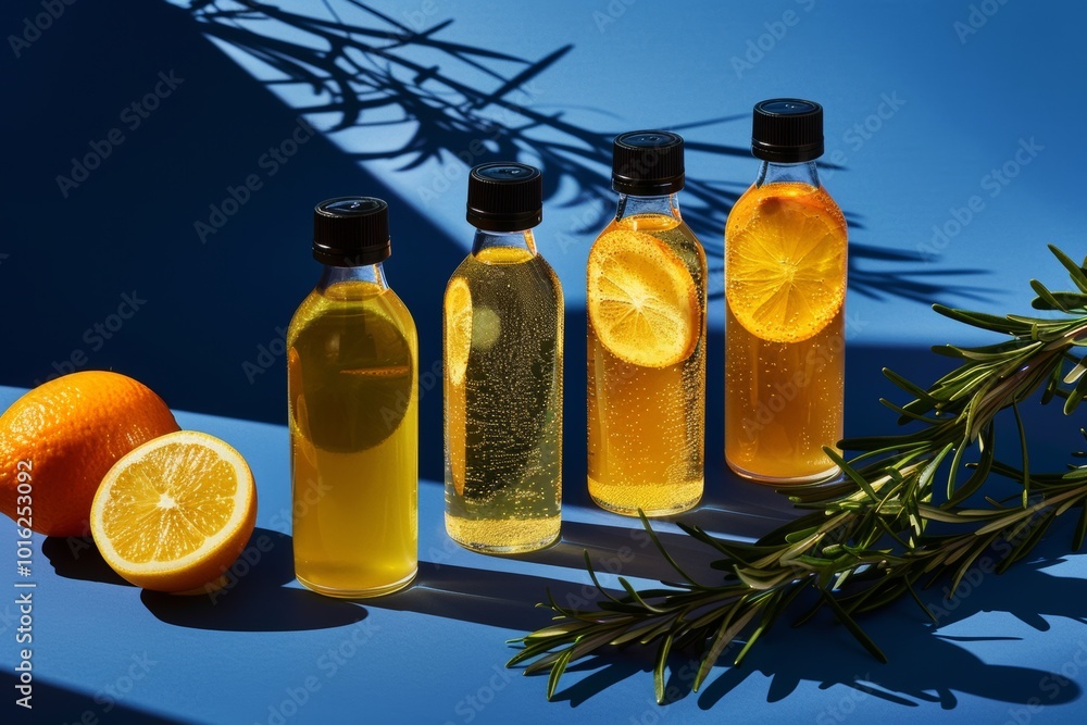 Four glass bottles filled with a citrusy beverage, adorned with lemon slices, rest on a bright blue surface, with a sprig of rosemary and whole lemons adding a natural touch. Four glass bottles filled with a citrusy beverage, adorned with lemon slices, rest on a bright blue surface, with a sprig of rosemary and whole lemons adding a natural touch.