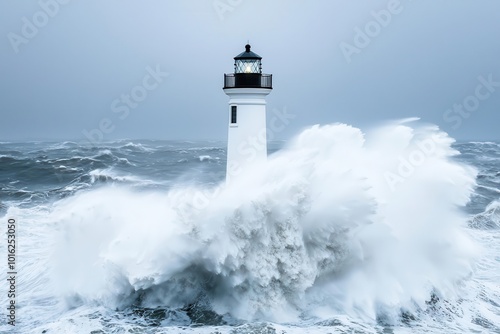 Powerful ocean waves crashing against a lighthouse during a storm, showing the unstoppable force of water, stormy seas, lighthouse resilience