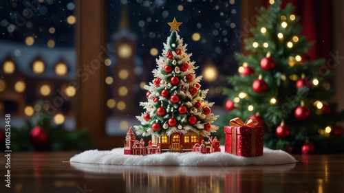 A decorated Christmas tree with ornaments and lights stands in a snowy setting with a miniature village at its base. A second tree is visible in the background