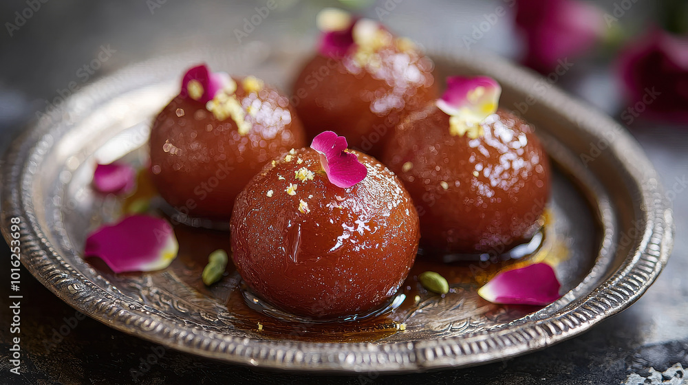A close-up shot of four round Gulab Jamun pieces garnished with delicate rose petals, elegantly presented on a decorative silver plate with syrup. A close-up shot of four round Gulab Jamun pieces garnished with delicate rose petals, elegantly presented on a decorative silver plate with syrup.