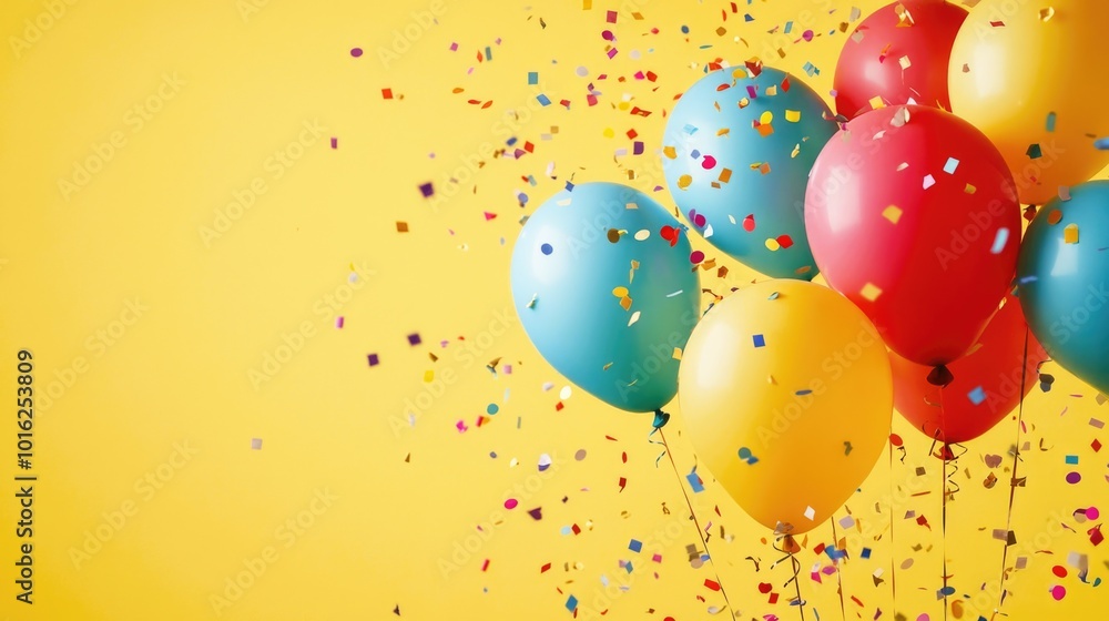 Colorful inflatable balloons with metallic confetti on a yellow background. Background for a greeting card in flat-light style, birthday or party Colorful inflatable balloons with metallic confetti on a yellow background. Background for a greeting card in flat-light style, birthday or party