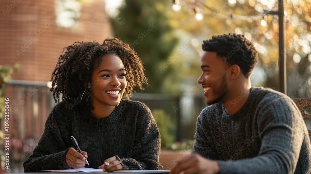Smiling Young Couple Enjoying Conversation Outdoors Smiling Young Couple Enjoying Conversation Outdoors