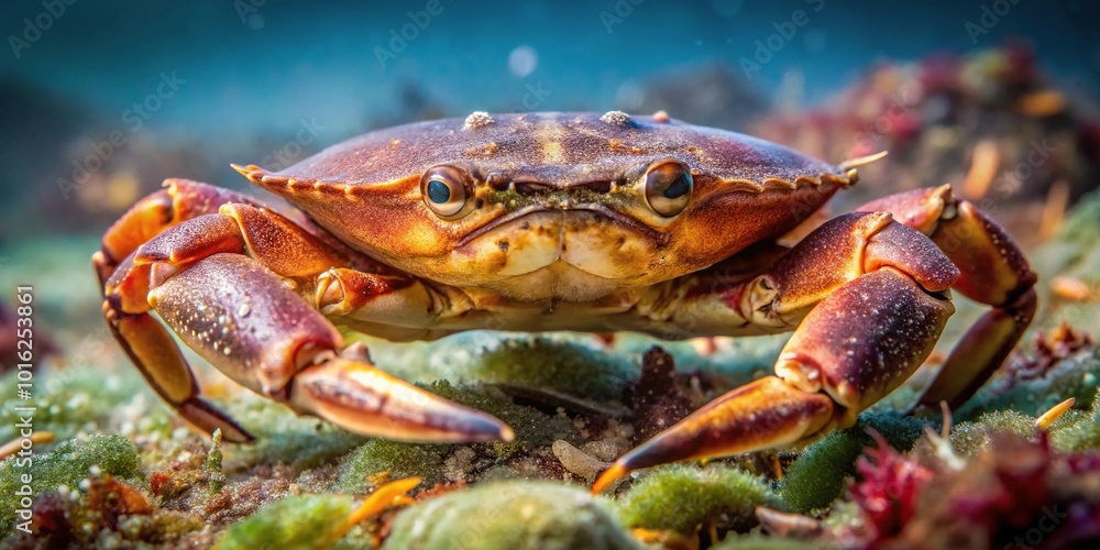 Macro velvet crab resting on the ocean bottom in Scotland coast, showcasing marine life diversity in the Baltic Sea Macro velvet crab resting on the ocean bottom in Scotland coast, showcasing marine life diversity in the Baltic Sea