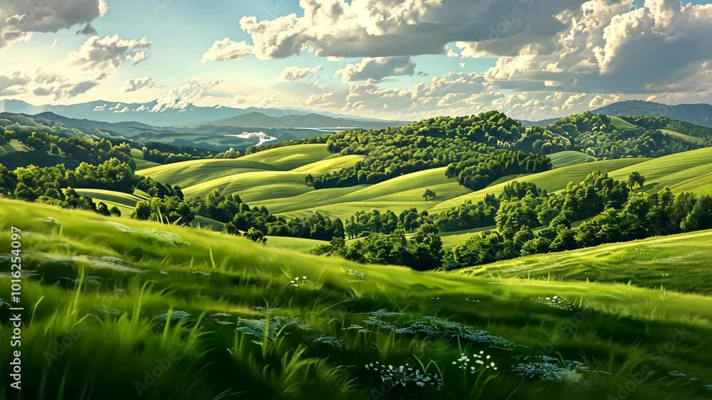 Green hills roll under a bright, sunny sky Green hills roll under a bright, sunny sky