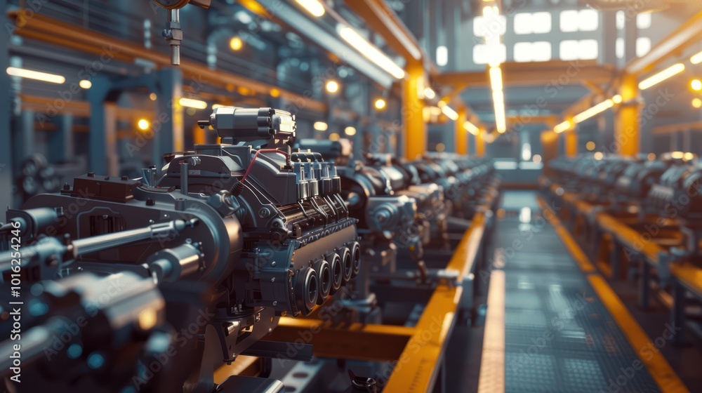 Closeup of Engine on Assembly Line in Factory