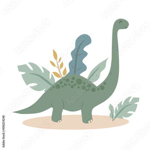 hand draw Cute dinosaur green isolated on white background with leaves