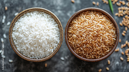 bowl with white and brown rice symbolizes health and balance. White rice represents simplicity and tradition, while brown rice signifies wholesomeness and a mindful, nutritious lifestyle