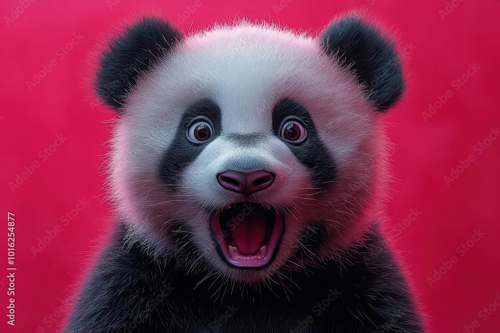comical illustration of a shocked panda with exaggerated expression wide eyes open mouth fluffy fur details pastel pink background blend of realistic and cartoon styles comical illustration of a shocked panda with exaggerated expression wide eyes open mouth fluffy fur details pastel pink background blend of realistic and cartoon styles