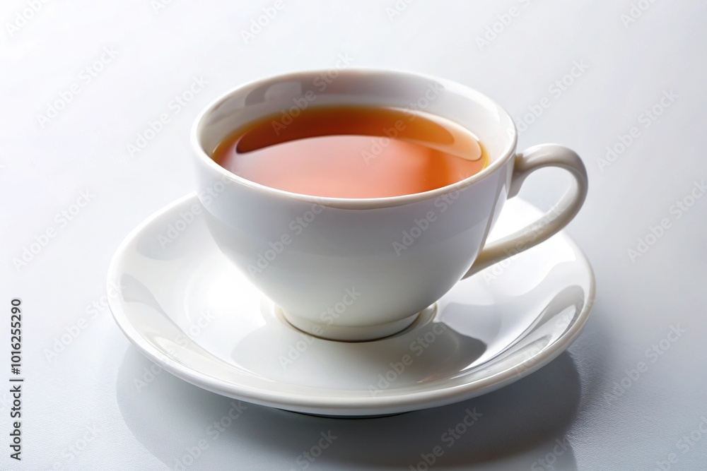 Macro white teacup filled with tea on a white saucer Macro white teacup filled with tea on a white saucer