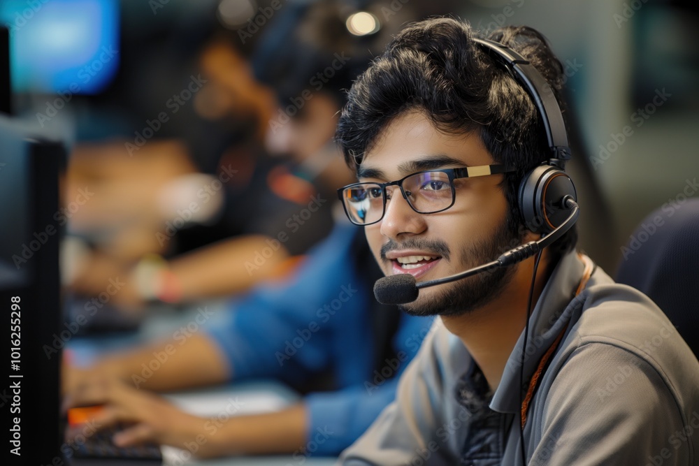 Young male customer service representative sits at desk with computer screen, keyboard, mouse. Wearing headset, smiling talking on phone, typing on laptop. Indian call center workplace with formal, Young male customer service representative sits at desk with computer screen, keyboard, mouse. Wearing headset, smiling talking on phone, typing on laptop. Indian call center workplace with formal,