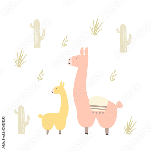 Hand drawn vector abstract mom and baby lama or alpacas  colorfull isolated on white background