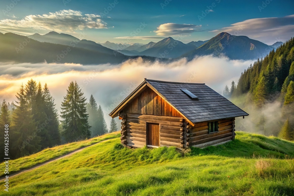 Macro wooden cabin nestled on grassy rolling hillside with misty mountains in background Macro wooden cabin nestled on grassy rolling hillside with misty mountains in background