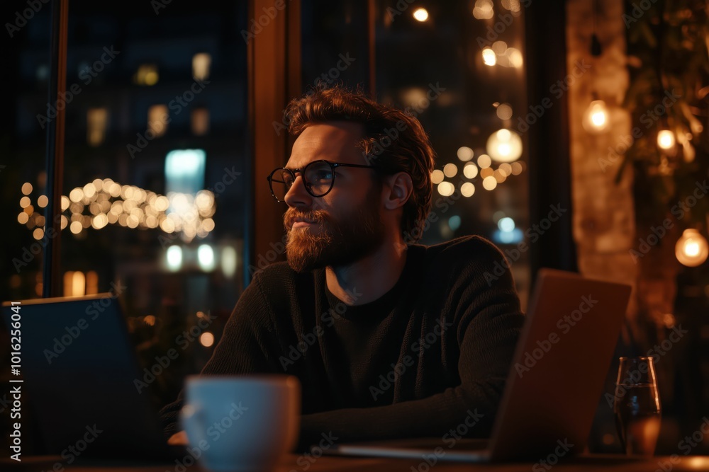Thoughtful Man in Cafe at Night Thoughtful Man in Cafe at Night