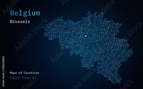 A map of Belgium depicted in zeros and ones in the form of a circle. The capital, City of Brussels, is shown in the center of the circle