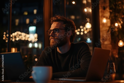 Thoughtful Man in Cafe at Night