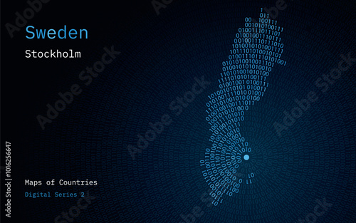 A map of Sweden depicted in zeros and ones in the form of a circle. The capital, Stockholm, is shown in the center of the circle