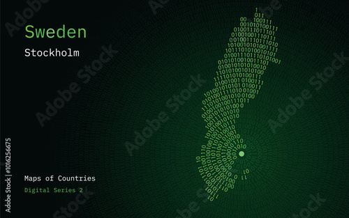 A map of Sweden depicted in zeros and ones in the form of a circle. The capital, Stockholm, is shown in the center of the circle