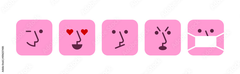 Set of simple minimal square emoji with nose and lineal facial features. Set of simple minimal square emoji with nose and lineal facial features.