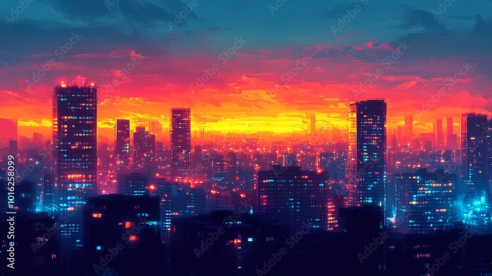 Fototapeta premium Una ciudad futurista iluminada por las luces de los edificios y el resplandor vibrante de un atardecer en tonos de naranja y púrpura. El horizonte lleno de rascacielos crea un ambiente urbano y enérgi