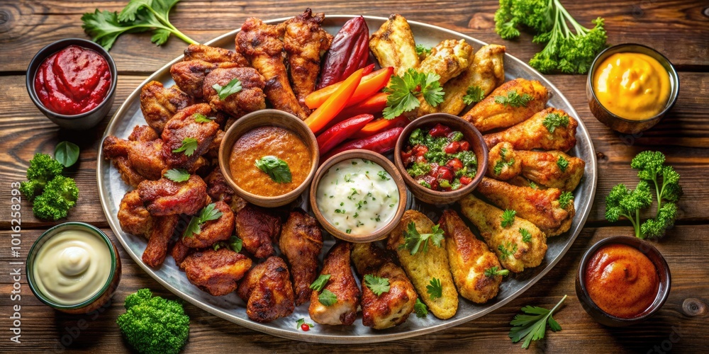 Aerial View of a Delicious Chicken Wing Platter Perfect for Parties and Gatherings Aerial View of a Delicious Chicken Wing Platter Perfect for Parties and Gatherings