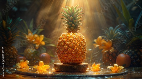 Golden Pineapple in Sunlit Tropics with Vibrant Flowers photo