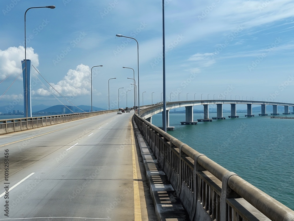 Penang Bridge in Malaysia, concrete bridge spanning water body with sturdy railing and street lamps. Clear blue sky mirrors water below. Mountain range in distance adds depth to scene. Penang Bridge in Malaysia, concrete bridge spanning water body with sturdy railing and street lamps. Clear blue sky mirrors water below. Mountain range in distance adds depth to scene.