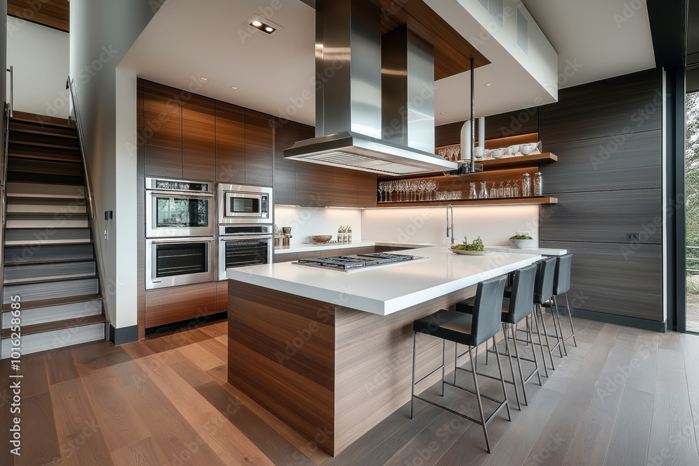 Modern kitchen interior with wooden cabinets, large kitchen island, stainless steel appliances, bar stools, and open shelves with glassware, adjacent to a staircase. Modern kitchen interior with wooden cabinets, large kitchen island, stainless steel appliances, bar stools, and open shelves with glassware, adjacent to a staircase.