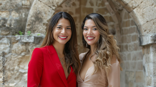 Two women are smiling and posing for a photo. One of them is wearing a red jacket. Scene is happy and friendly