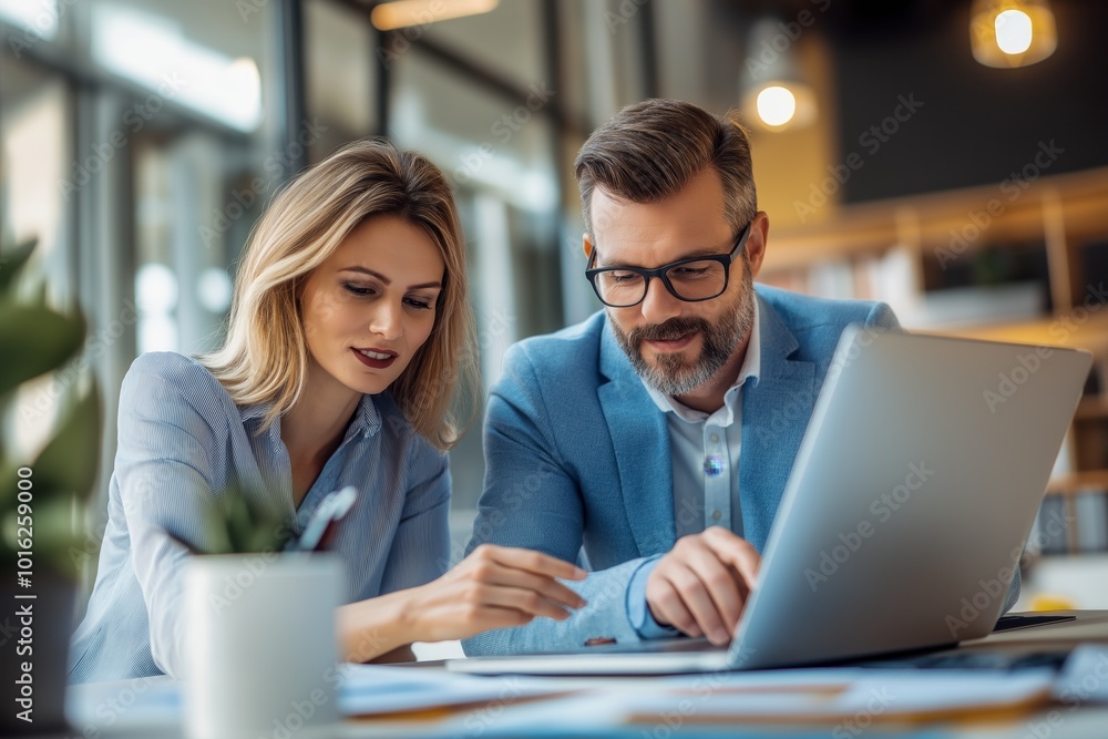 Professional colleagues collaborating on a business project in a modern office setting during the day while using a laptop Professional colleagues collaborating on a business project in a modern office setting during the day while using a laptop