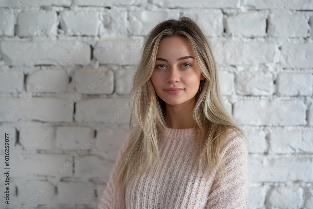 Woman with blonde hair is wearing a pink sweater and smiling. She is standing in front of a white brick wall Woman with blonde hair is wearing a pink sweater and smiling. She is standing in front of a white brick wall