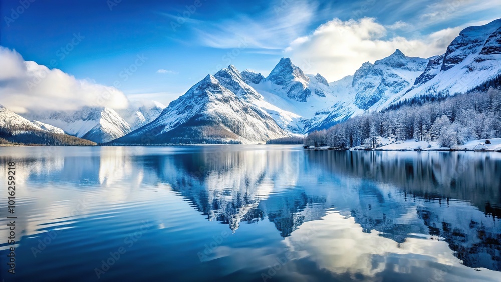 mountains chain covered in snow with lake in foreground mountains chain covered in snow with lake in foreground