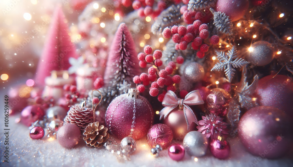 A magical winter bokeh wonderland featuring snowy white and vibrant red shades,berries,pinecones, stars A magical winter bokeh wonderland featuring snowy white and vibrant red shades,berries,pinecones, stars