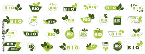 Green bio labels for natural product. Set of bio green sticker