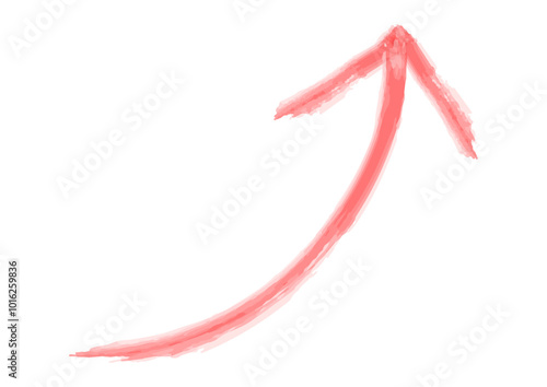 右に上昇する赤色カーブの水彩風の矢印