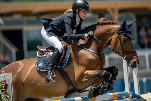 Woman is riding a horse and jumping over a hurdle. The horse is brown and the woman is wearing a black jacket and white pants. The scene is lively and energetic, with the woman