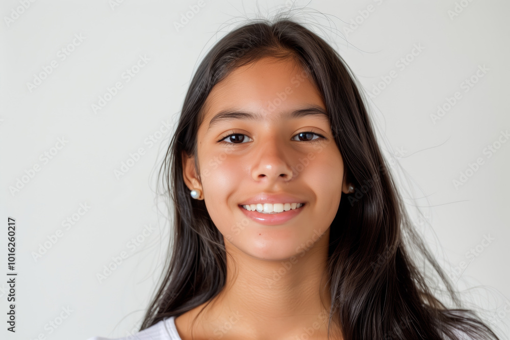 Young woman with long hair and a white shirt is smiling. She has a pearl earring and a gold hoop earring Young woman with long hair and a white shirt is smiling. She has a pearl earring and a gold hoop earring
