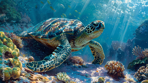 An isolated scene of a turtle resting on a coral bed, with clear blue water and a rich array of tropical underwater flora and fauna photo