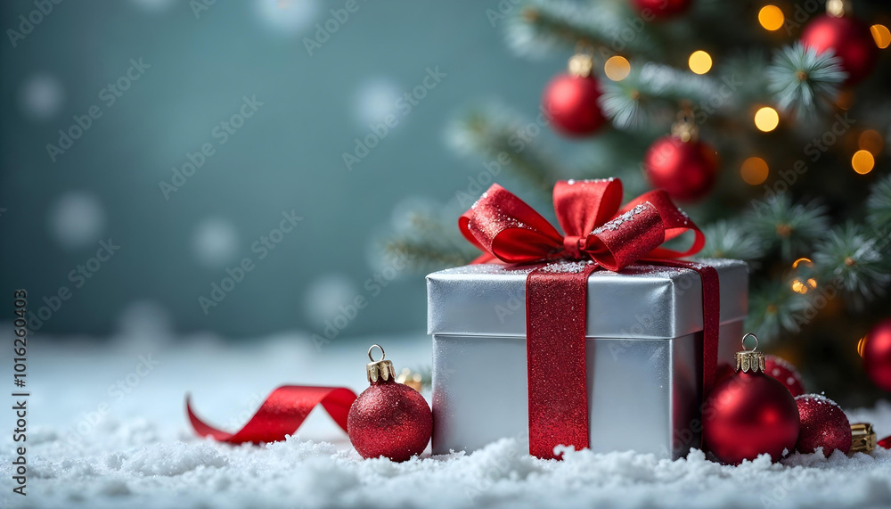 Silver gift box sitting on a table next to Christmas ornaments Silver gift box sitting on a table next to Christmas ornaments