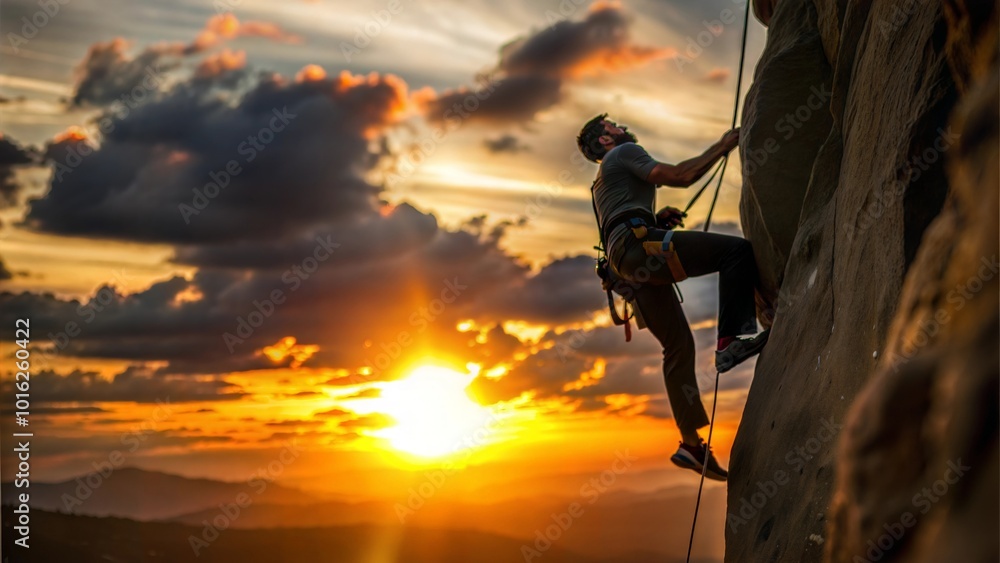 Climber scaling a steep rock face with a sunset in the background, creating a warm and adventurous ambiance.
Climber scaling a steep rock face with a sunset in the background, creating a warm and adventurous ambiance.