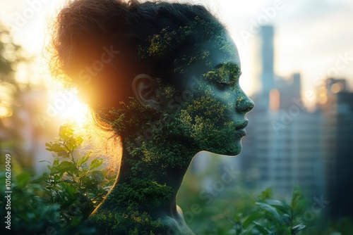 conceptual image depicting a person contemplating sustainable living surrounded by greenery and urban elements symbolizing the pursuit of ecofriendliness and reducing carbon footprint photo