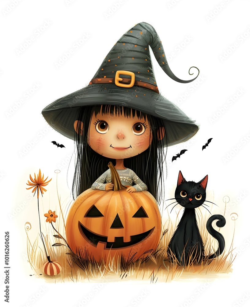 Fototapeta premium Happy Halloween clipart featuring a witch with a black cat and pumpkins, perfect for festive decorations, playful designs, and magical holiday themes.