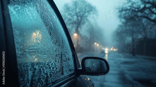 Una escena de una calle lluviosa vista desde la ventana de un coche, con luces tenues y ambiente misterioso. La lluvia y la neblina envuelven la ciudad en una atmósfera tranquila y reflexiva. photo