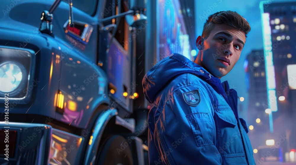 Young Man in Blue Jacket Standing in Front of a Truck at Night Young Man in Blue Jacket Standing in Front of a Truck at Night