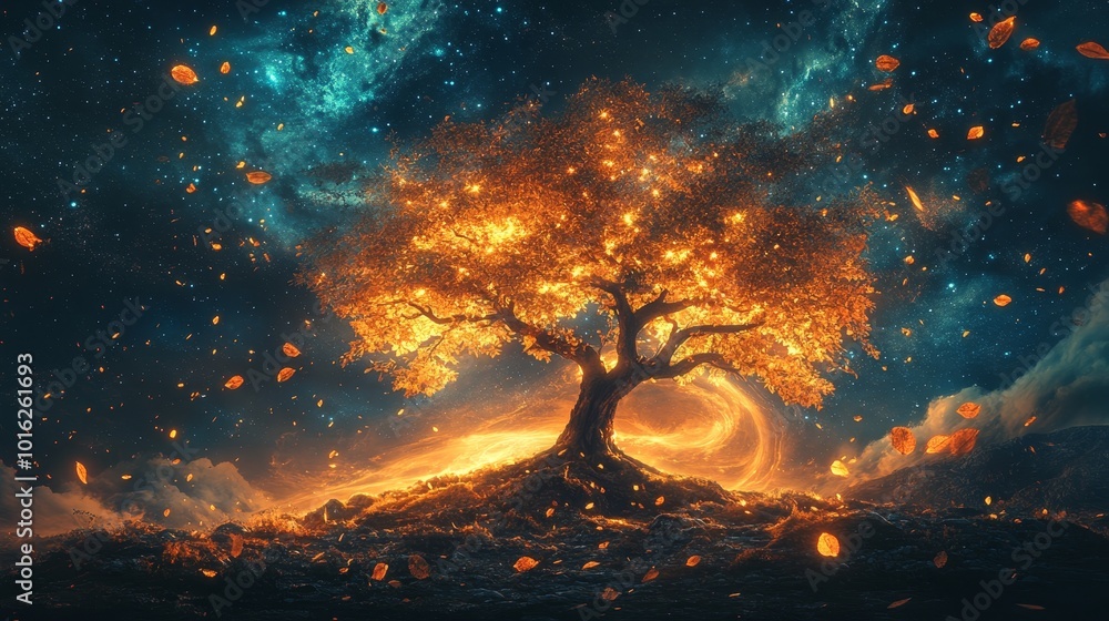 A delicate celestial tree with glowing leaves, each leaf displaying an enigmatic symbol, growing in a surreal landscape under a swirling sky of stars, Fantasy, Ethereal A delicate celestial tree with glowing leaves, each leaf displaying an enigmatic symbol, growing in a surreal landscape under a swirling sky of stars, Fantasy, Ethereal