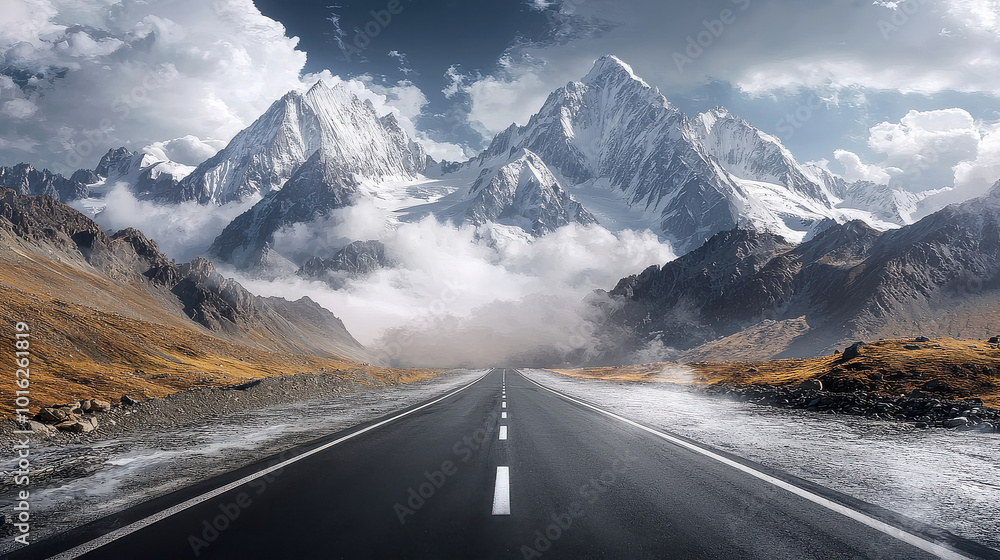 Naklejka premium A long, straight road stretches towards towering snow-capped mountains, surrounded by rugged landscapes and drifting clouds, perfect for seekers of adventure.