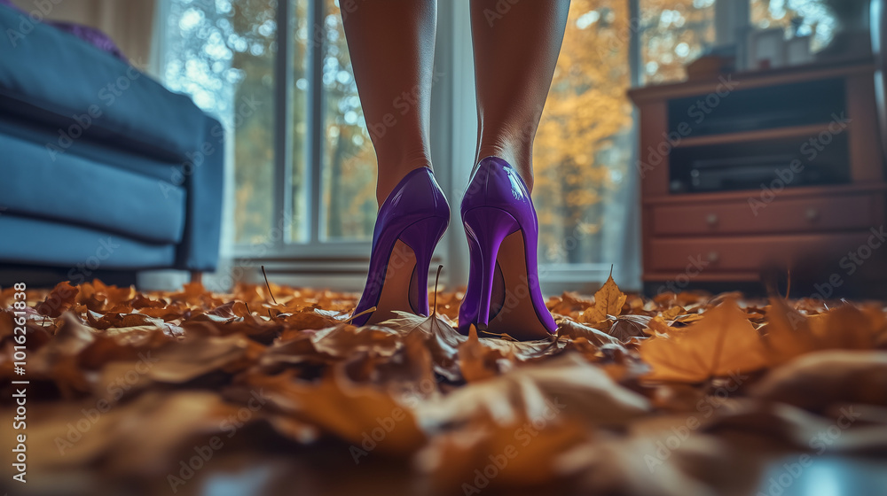 Close-up of a woman close-up in purple heels standing in the autumn leaves in a living room, interior, background blurred, the close, background is blurred, lose furniture is visible